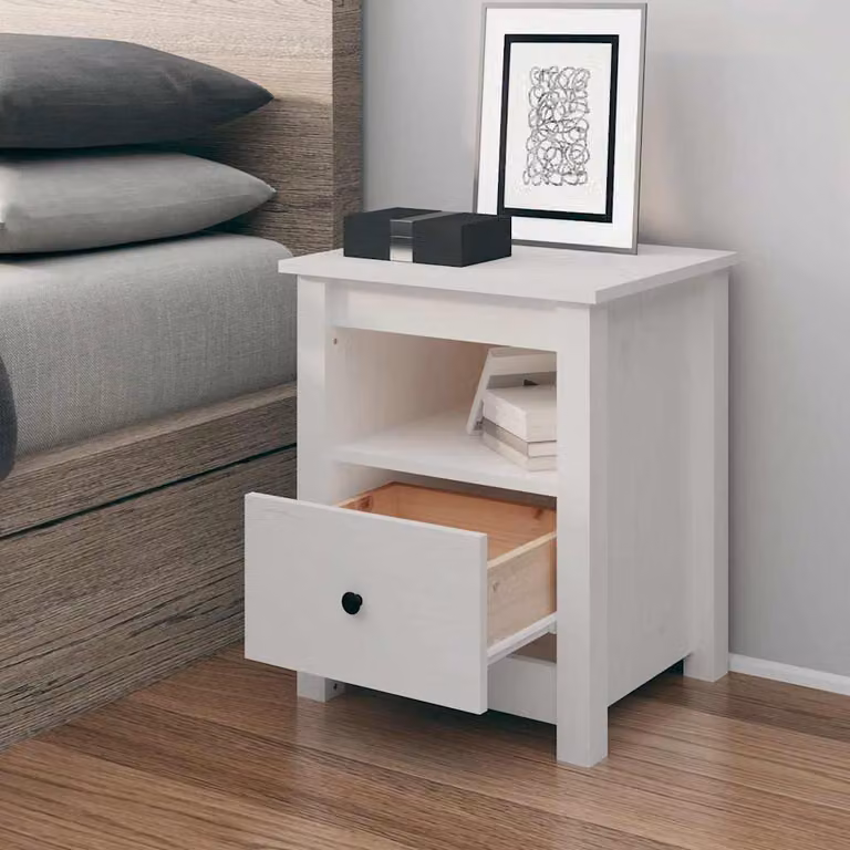 Comodino bianco vidaXL in legno massello di pino, L 40 cm, P 35 cm, H 49 cm