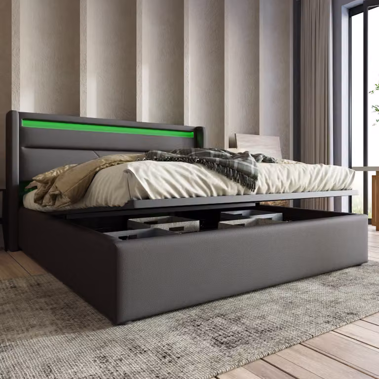 Letto a molle Sweiko Letto imbottito Letto matrimoniale 140x200cm con illuminazione LED Letto contenitore Grigio (senza materasso)