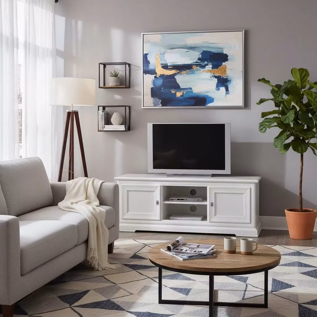 Porta TV in legno stile shabby chic bianco con 2 ante Mobili 2G L: 162 cm, P: 51 cm, H: 61 cm – 2