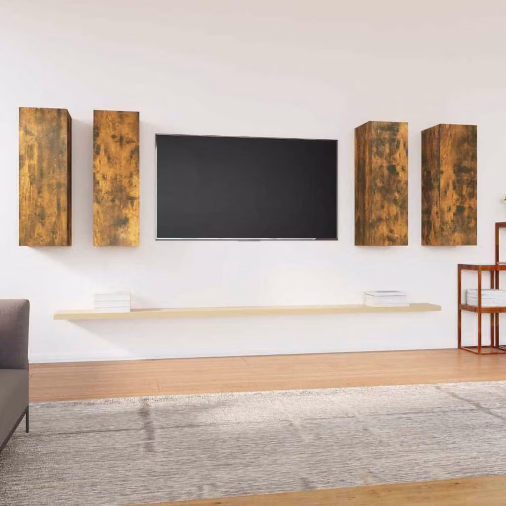 Set di 4 mobili TV moderni vidaXL in legno e MDF color rovere fumo per soggiorno, sospesi a parete, L/P/H: 30,5 x 30 x 90 cm – 1