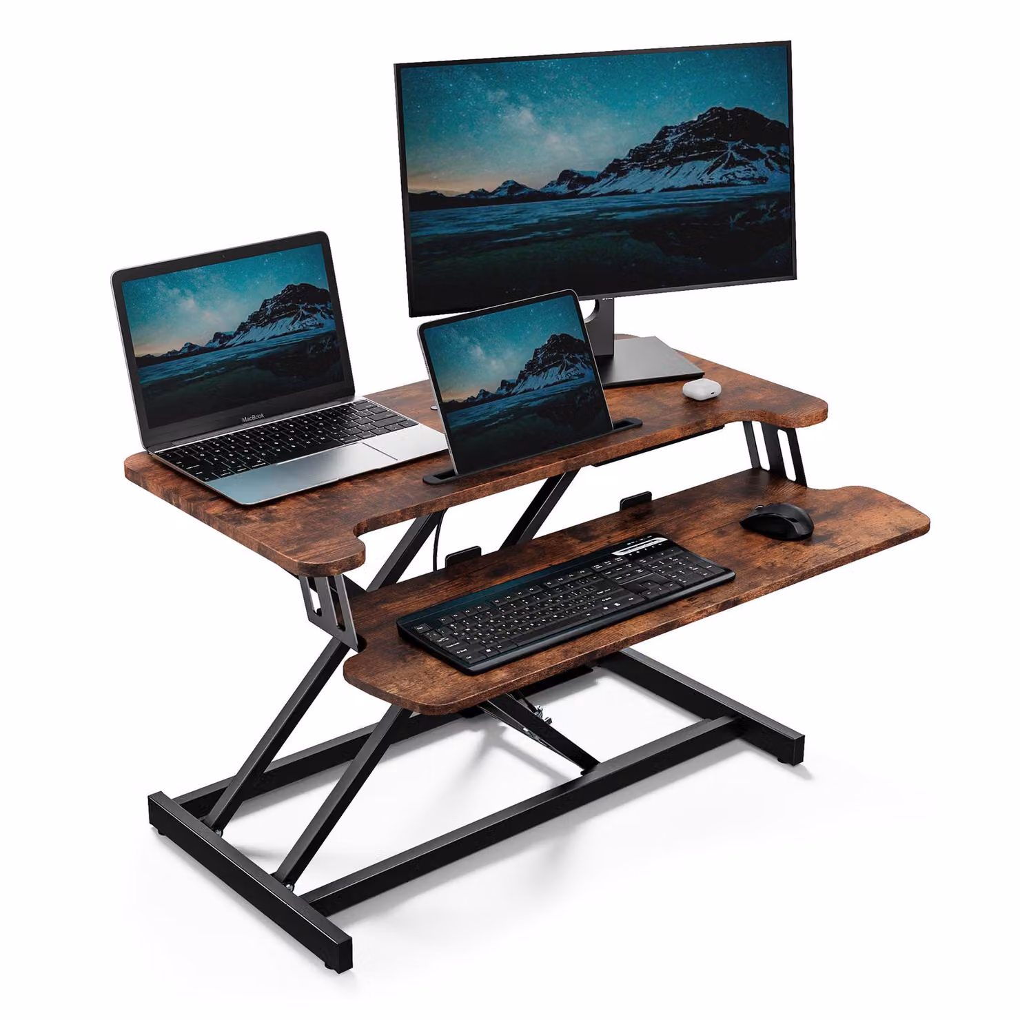 VonHaus Rialzo per Scrivania Sit-Stand, Legno Scuro, 80 x 40 cm, con Ripiano per Tastiera e Supporto per Tablet