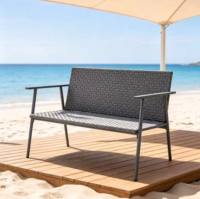 Panca da giardino 110x58 cm grigia in resina intrecciata, piedi regolabili