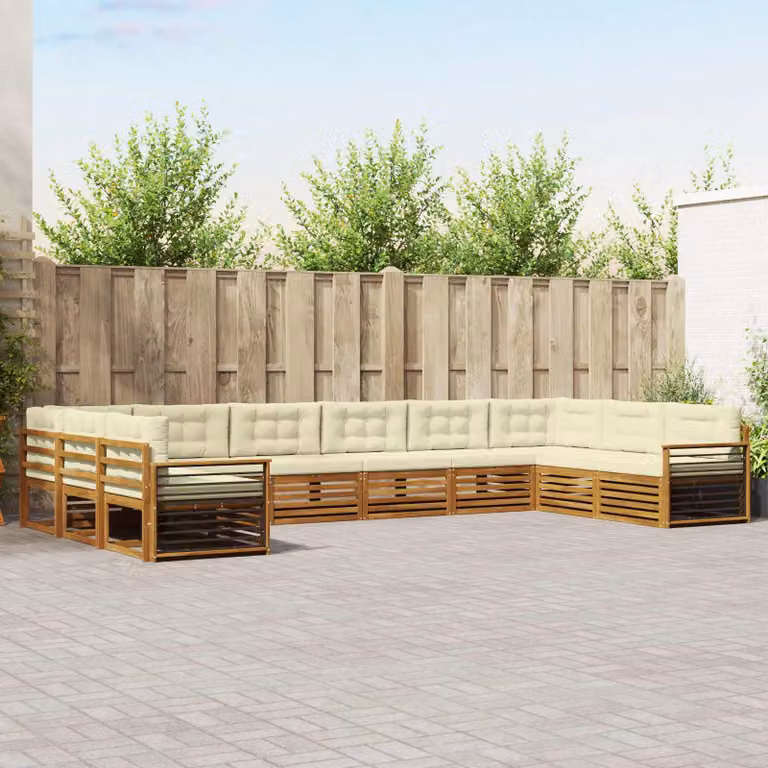 Set di divani da giardino vidaXL in legno di acacia massello, composizione a L con 10 pezzi, colore beige e bianco