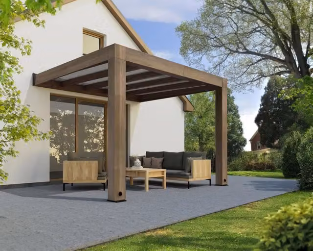 Pergola Helsinki in legno di cedro con copertura in policarbonato e canali di scolo, L: 300 cm, P: 340 cm, Colore marrone e grigio