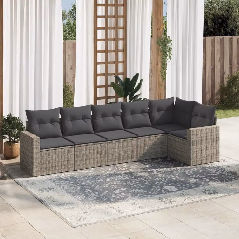 Set Divano da Giardino a L vidaXL 6 pz con Cuscini Grigio in Polyrattan e Acciaio