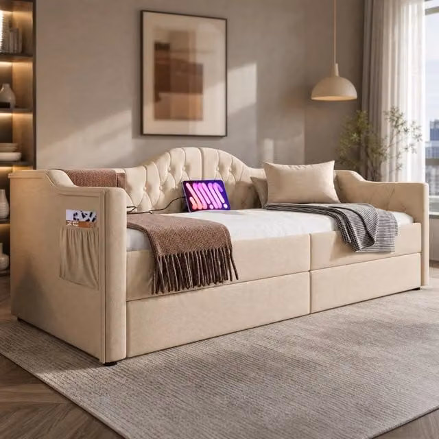 Daybed imbottito in velluto beige con 2 cassetti e porte di ricarica USB e Type-C L/P: 200 x 90 cm