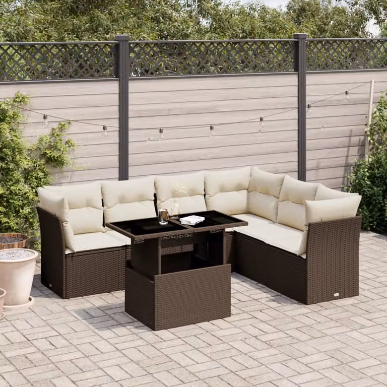 Set di divani da giardino vidaXL 7 pezzi con cuscini marroni e bianchi in rattan e metallo con struttura a L e tavolino da caffè