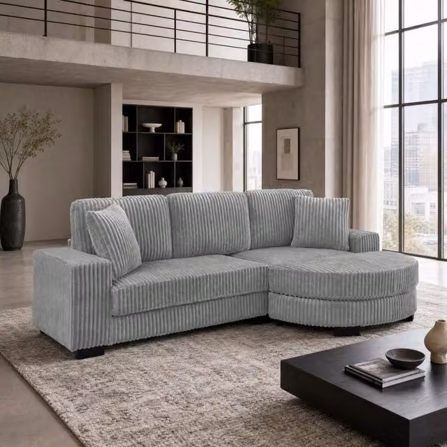 Divano angolare modulare a L con pouf ovale e 2 cuscini in corduroy, seduta confortevole grigio 256.5 × 133.5 × 89 cm
