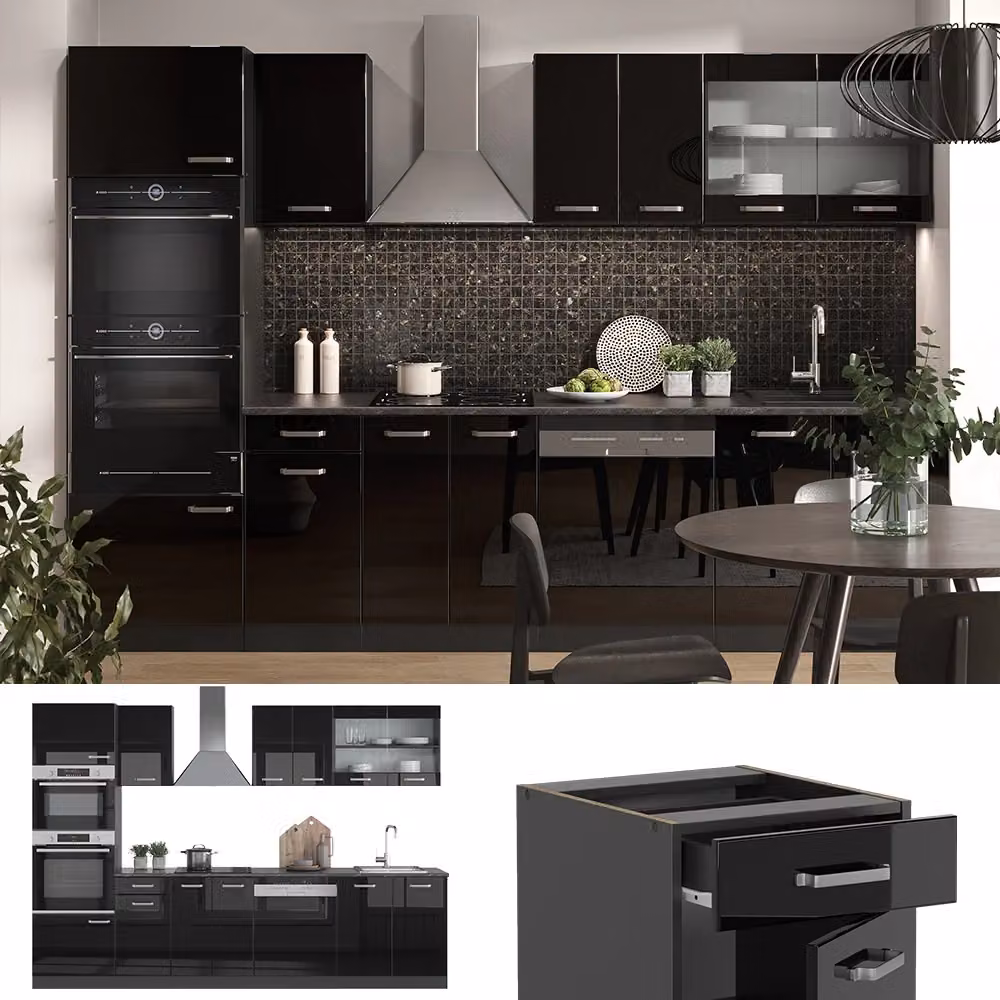 Cucina componibile moderna Vicco R-Line in nero lucido e antracite con armadio alto, larghezza: 300 cm – 2