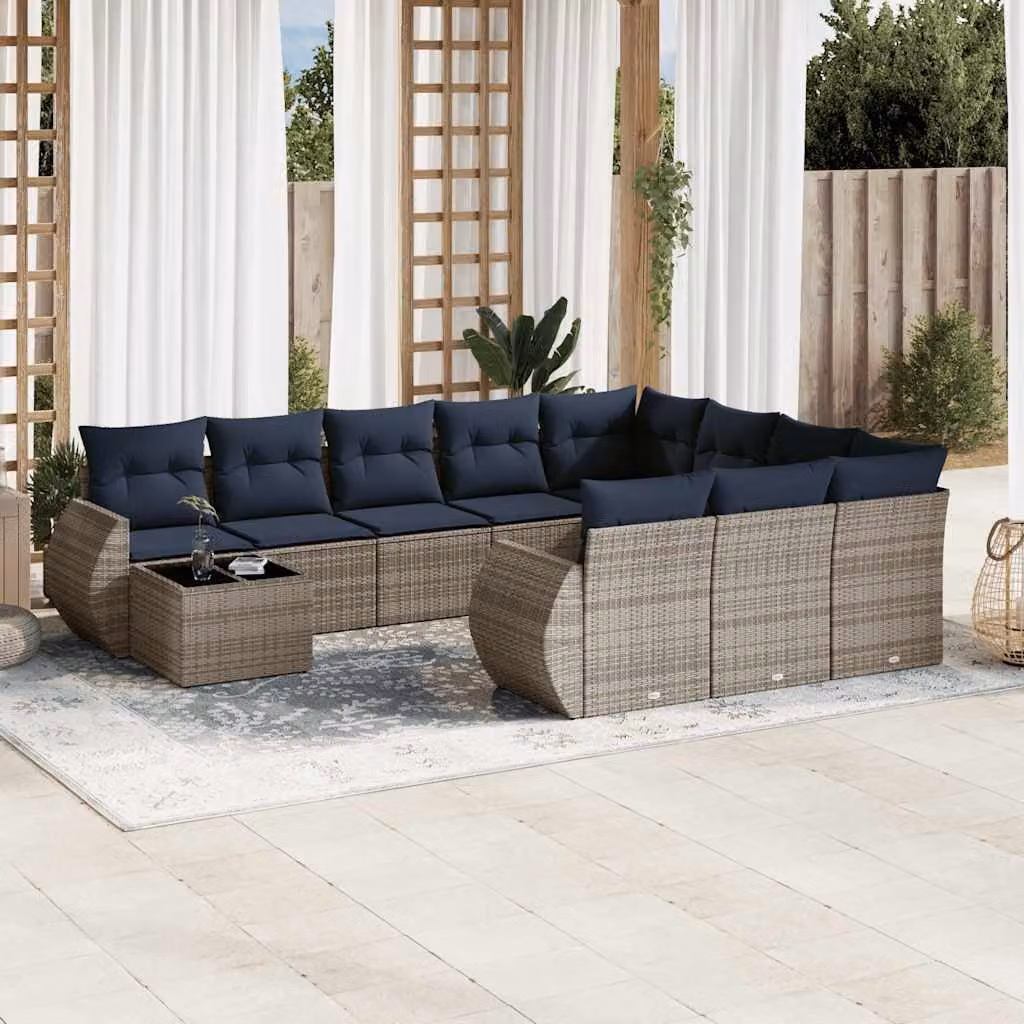 Set Divani da Giardino vidaXL 11 Pezzi in Polyrattan con Cuscini e Tavolino, Design Moderno a L, Grigio e Blu