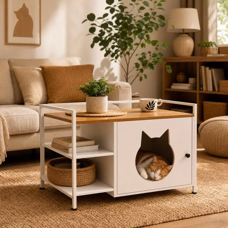 Mobiletto per lettiera per gatti, con foro a forma di testa di gatto, tavolino, 2 ripiani, spazio contenitivo, design moderno (beige)