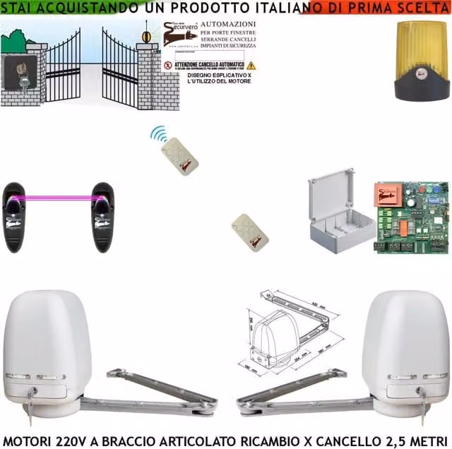 Motori Braccio Snodato Articolato 220 V 250 NM Apricancello Automatico Cancello 5 MT 2 Ante da 0,5 Fino a 2,5 Metri Centrale 2 Radiocomandi Fotocellule Selettore