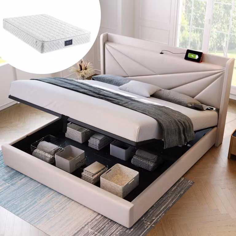 Letto matrimoniale imbottito con contenitore, dotato di porta USB di tipo C per la ricarica e con testiera