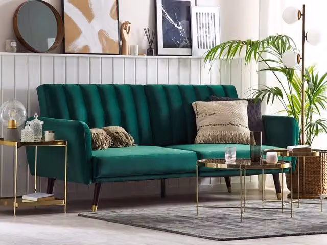 Divano Letto Click Clack Beliani in Velluto Verde con Struttura in Legno di Gomma e Poggiatesta Regolabile per Soggiorno e Camera da Letto L: 212 cm, P: 90 cm, H: 80 cm – 1