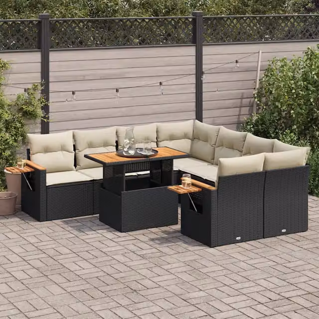 Set Divani da Giardino 9 pz con Cuscini Nero Polyrattan Acacia 3327577