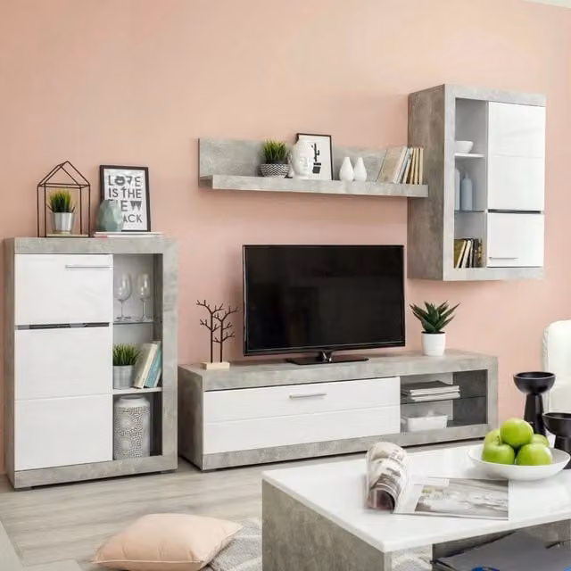 Mobile Soggiorno Dongo, Parete Attrezzata 10 Ripiani, 266.5x41.5x186h cm Bianco
