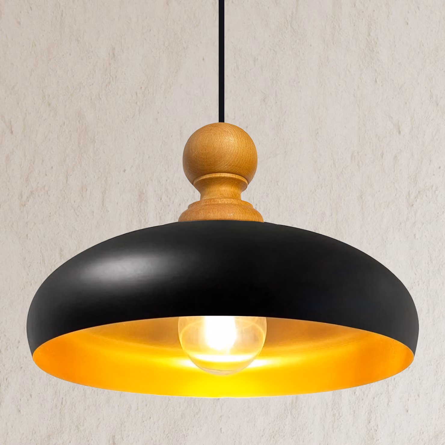 Androa Lampada a sospensione in legno 40 cm Lampada a 1 luce Lampada da sala da pranzo Industrial, plafoniera da interno in metallo Lampada industriale Vintage, lampada da cucina - Nero