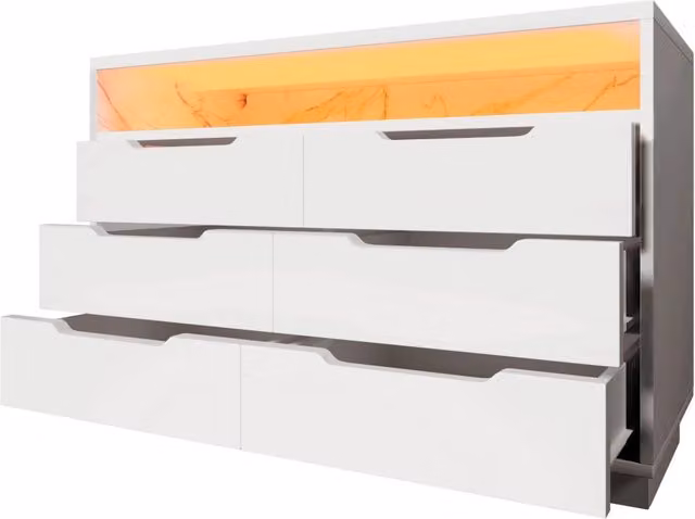 Credenza moderna bianca con 6 cassetti, illuminazione LED integrata e vano in look marmo, 120x40x85 cm