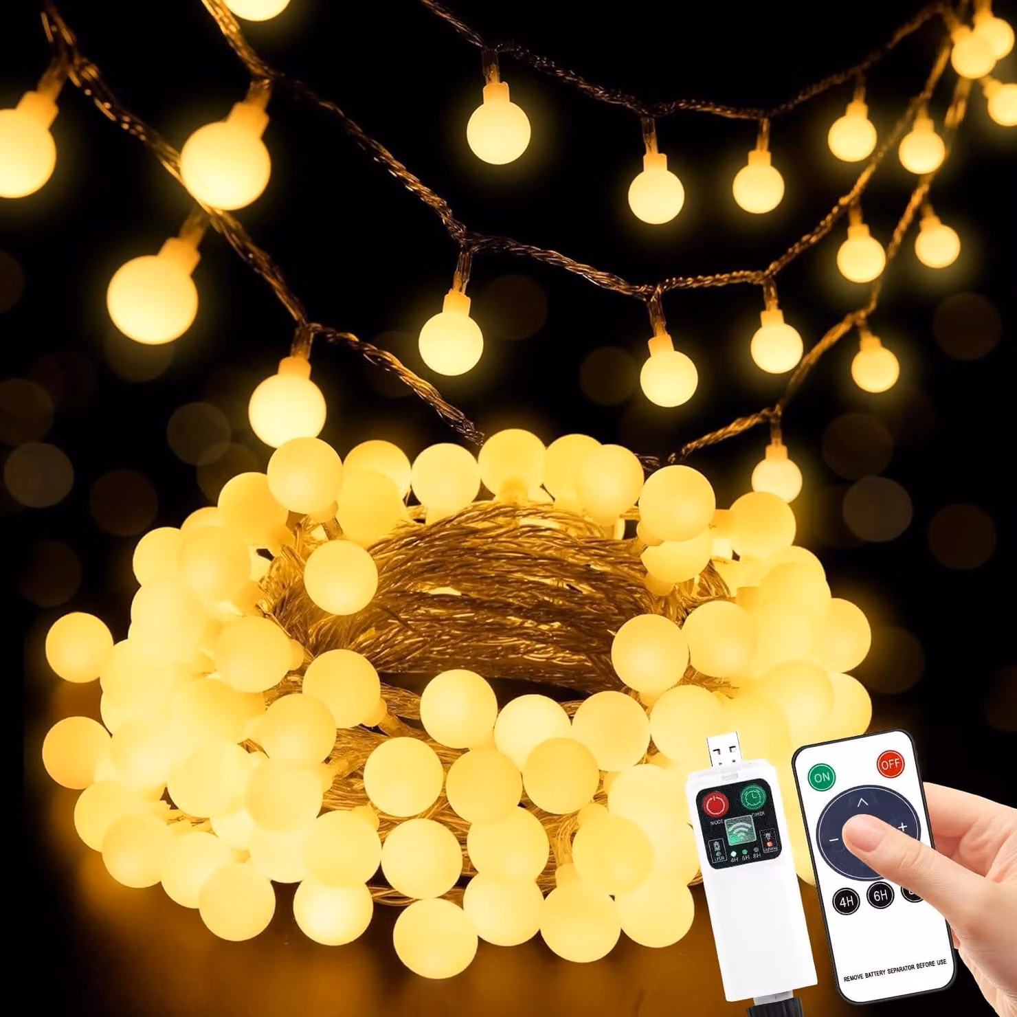 Catena luminosa a LED con 100 palline bianche calde, lunghezza 15 metri, alimentazione USB, con telecomando, grado di protezione IP42