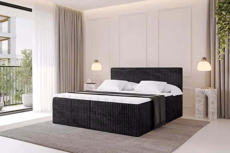 Letto boxspring ALTDECOR - TOLO 120x200 Cord - Nero - Set completo con materasso a molle Bonell e topper, letto imbottito con materasso H3 e contenitori, rete a doghe, letto con contenitore, letto matrimoniale, letto box