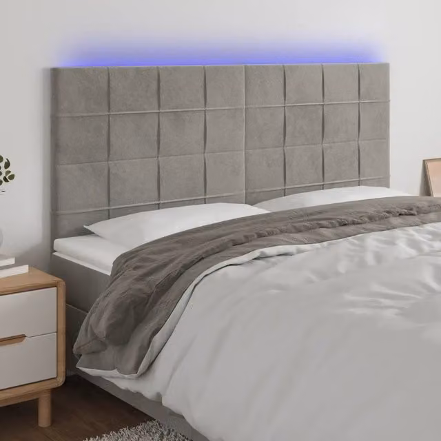 Testiera con LED Design Mania in Velluto Grigio Chiaro con Porta USB, L: 160 cm, P: 5 cm, H: 118/128 cm – 1