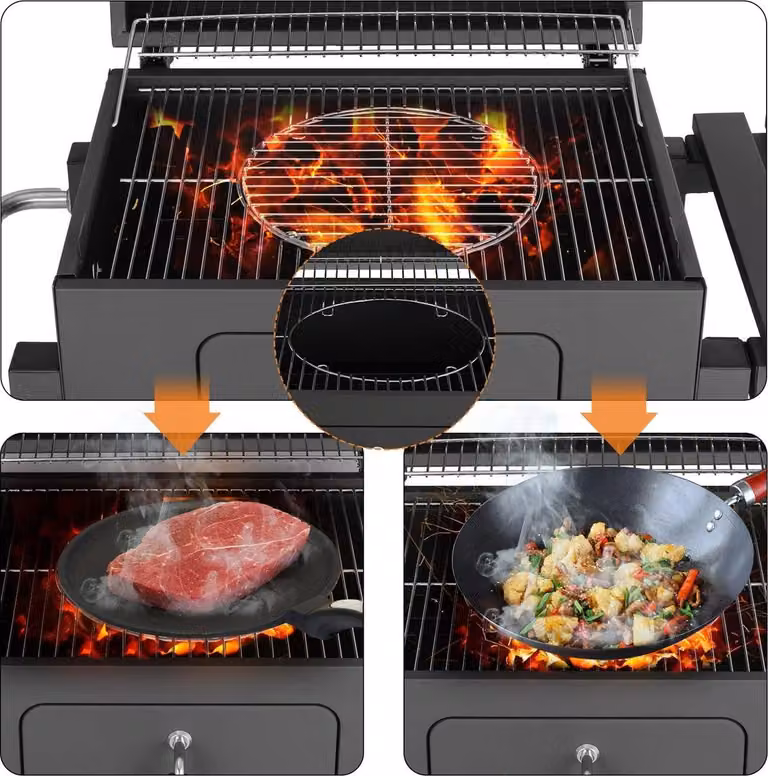 Carrello per barbecue a carbone Houtskool, con altezza regolabile, dotato di coperchio e termometro, dimensioni 113x53,5x100 cm