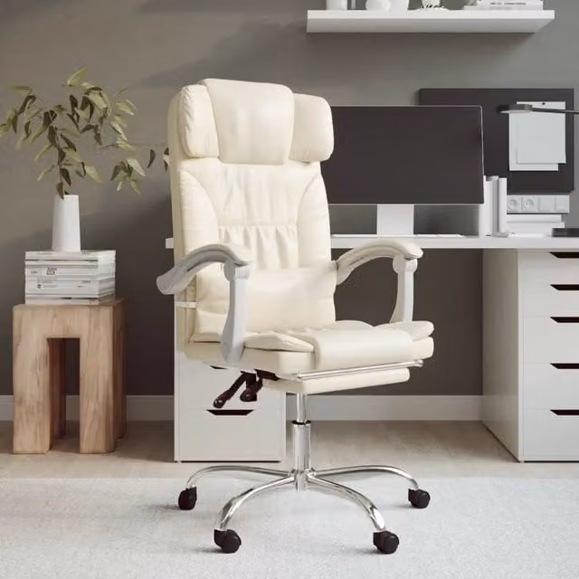Poltrona da Ufficio Executive vidaXL in Similpelle Beige con Braccioli e Ruote, Reclinabile e Girevole 360 Gradi