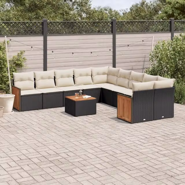 Set di Divani da Giardino a L vidaXL in Polyrattan Nero con Cuscini e Tavolino da Esterno 11 Pezzi – 1