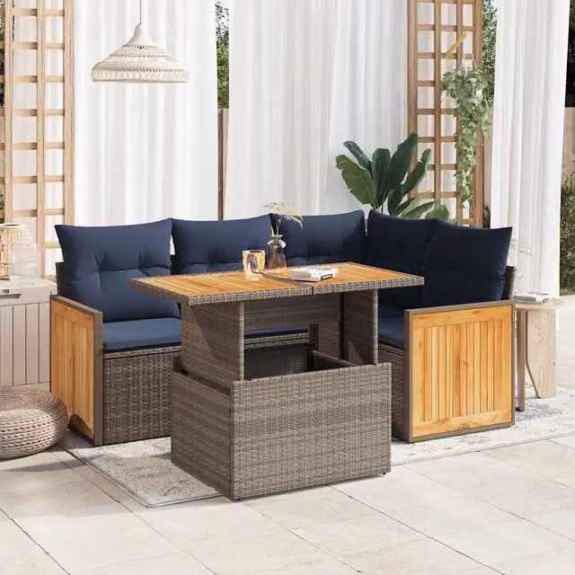 Set Divano da Giardino a L vidaXL in Polyrattan e Legno di Acacia con Cuscini Blu e Grigio