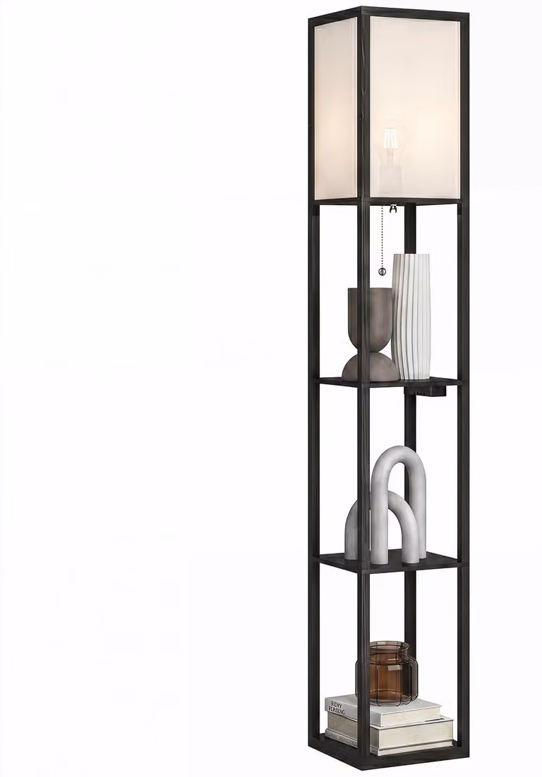 Lampada da terra LED HOMCOM con ripiani, interruttore e prese, colore nero