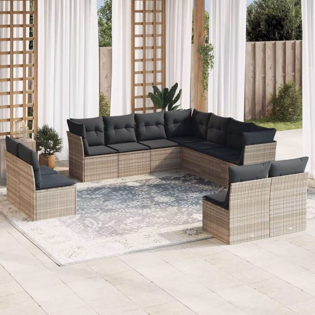 vidaXL Set Divani da Giardino 11 pz a Forma a U in Polyrattan Grigio con Cuscini Imbottiti e Rivestimenti Rimovibili – 1