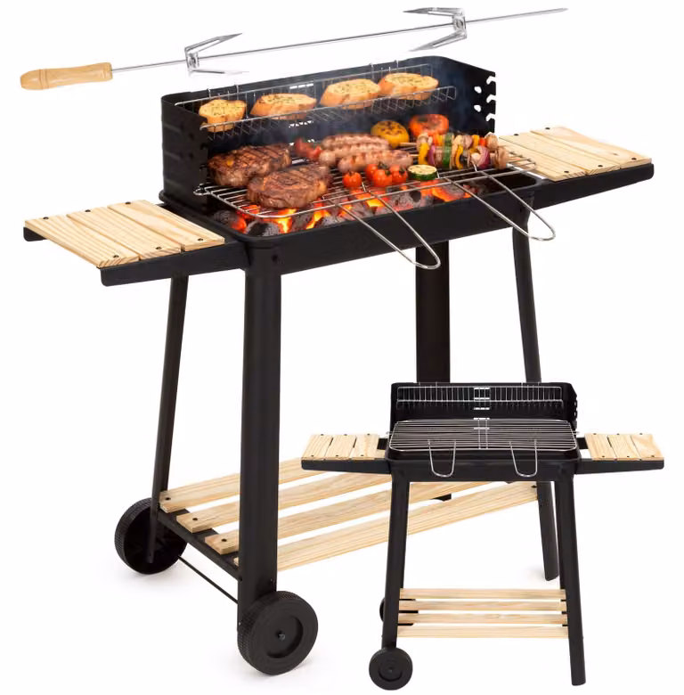 Barbecue a carbone su ruote - BBQ - Contenitore per la cenere - Materiale plastico - Acciaio inossidabile - Nero - Aspetto legno - 5 livelli