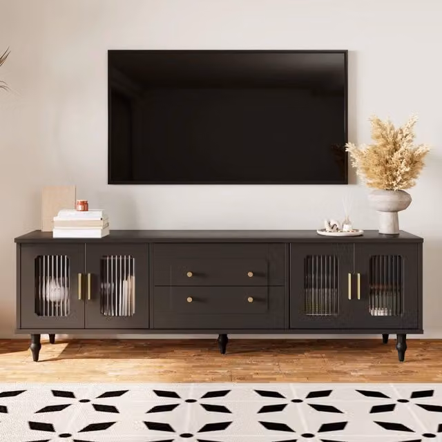 Mobile TV REDOM Nero con 4 ante in vetro rigato e cassetti L: 175 cm, P: 38 cm, H: 55,5 cm