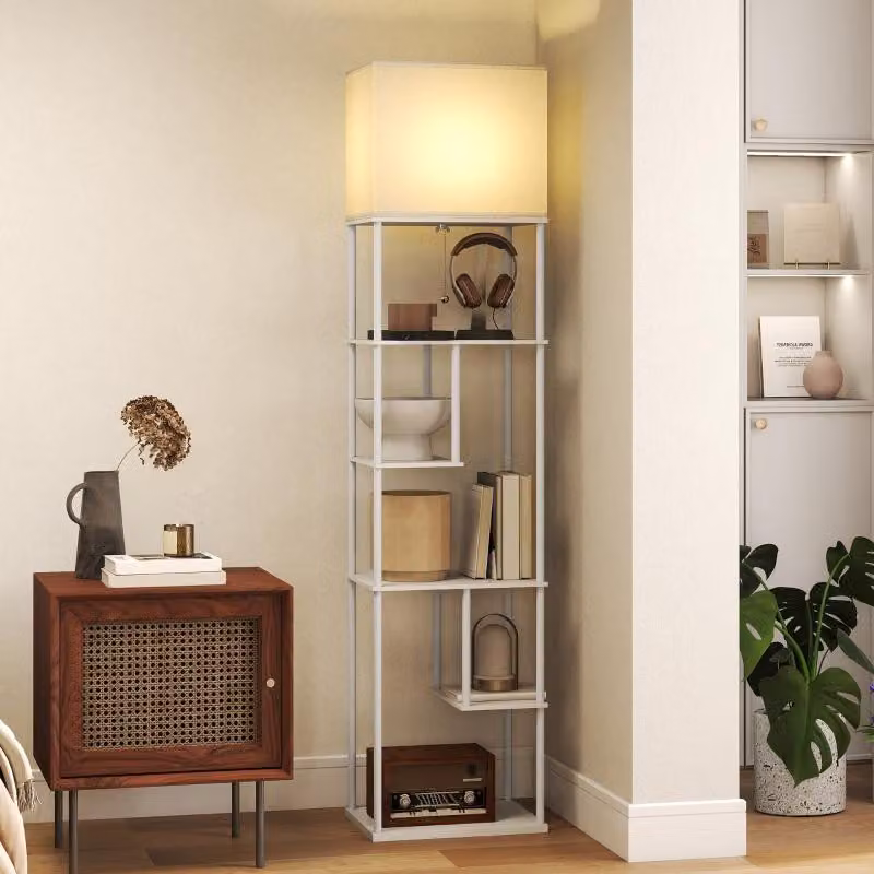 Lampada da terra Moonbite con 5 ripiani asimmetrici, dimmeraggio continuo da 3000 a 6500 K, catena di sospensione e telecomando, include LED da 9W, realizzata in legno, colore bianco