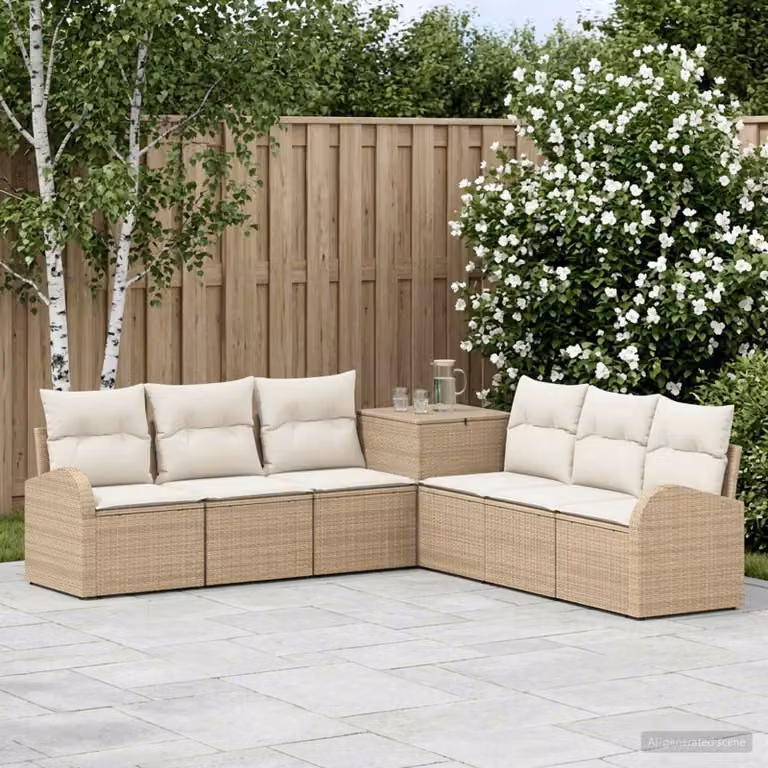 Set di divani da giardino vidaXL in polyrattan con cuscini, beige e bianco crema