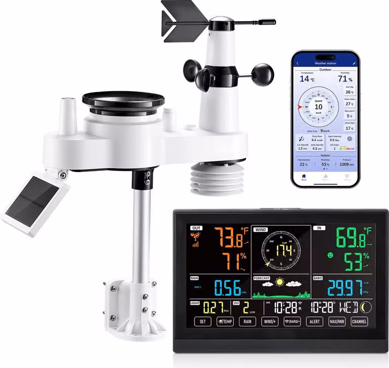 Stazione meteo WLAN - set 7 in 1 - display VA da 19 cm - connessione app - sensore solare esterno - vento, temperatura, umidità, precipitazioni - previsioni del tempo