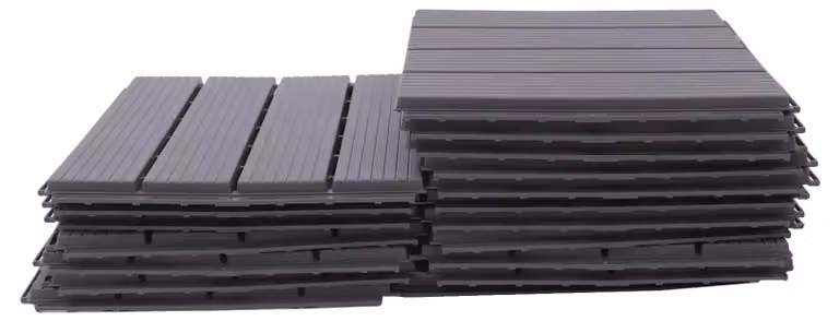 Pavimentazioni in legno composito, realizzate in plastica PP resistente e duratura, con sistema di incastro personalizzabile, colore grigio scuro, grigio scuro