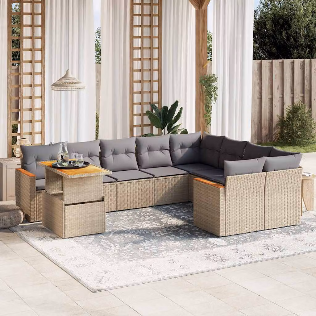 vidaXL Set Divano da Giardino 10 pz a L in Polyrattan con Cuscini Beige e Grigio – 1