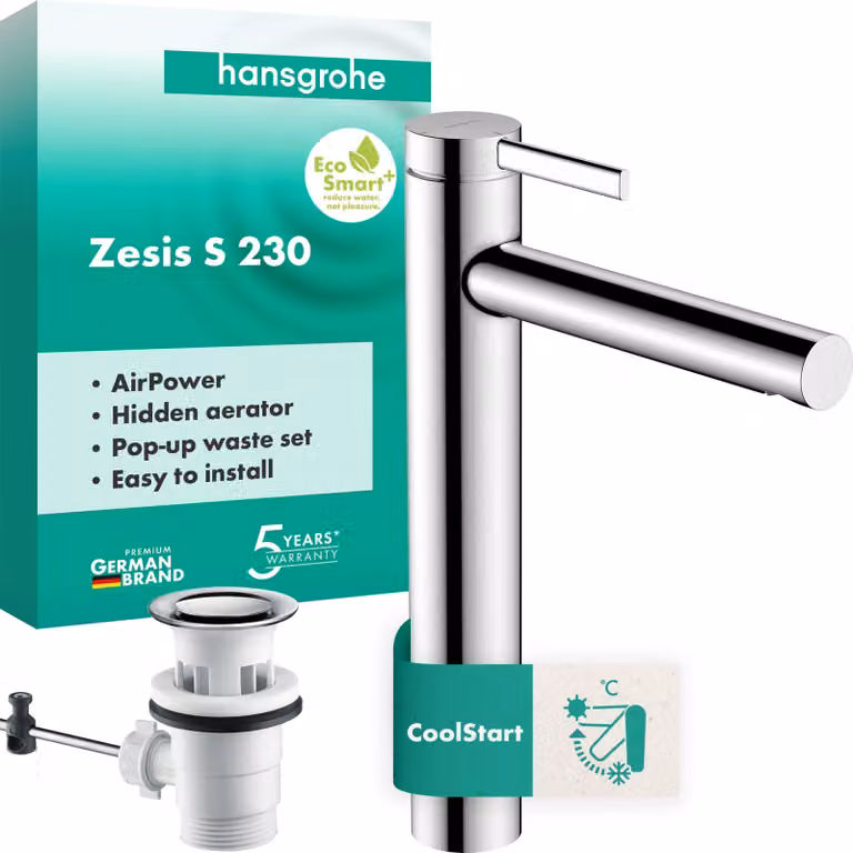 Miscelatore per lavabo Zesis S, 230 mm, cromato, con tappo a salvagoccia