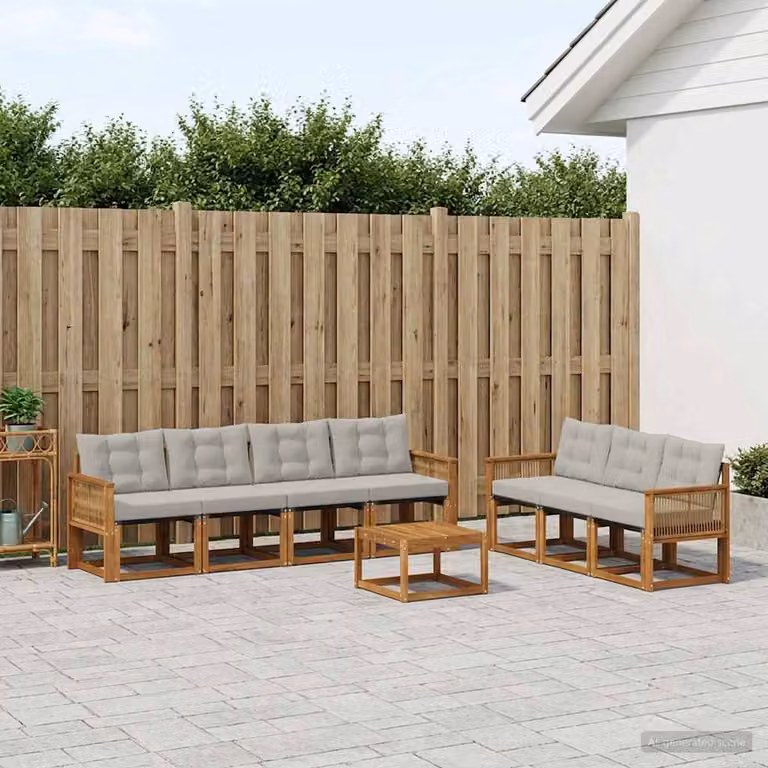 Set di divani da esterno vidaXL a forma di U composto da 8 pezzi in legno di acacia con cuscini in tessuto textilene, colore beige e grigio