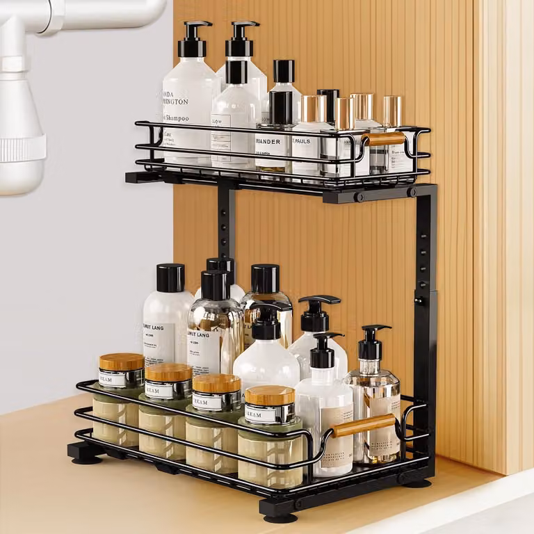 Organizzatore per lavello, 2 ripiani, estraibile, 36,5 x 26,5 x 44,5 cm, acciaio inossidabile, nero, per cucina