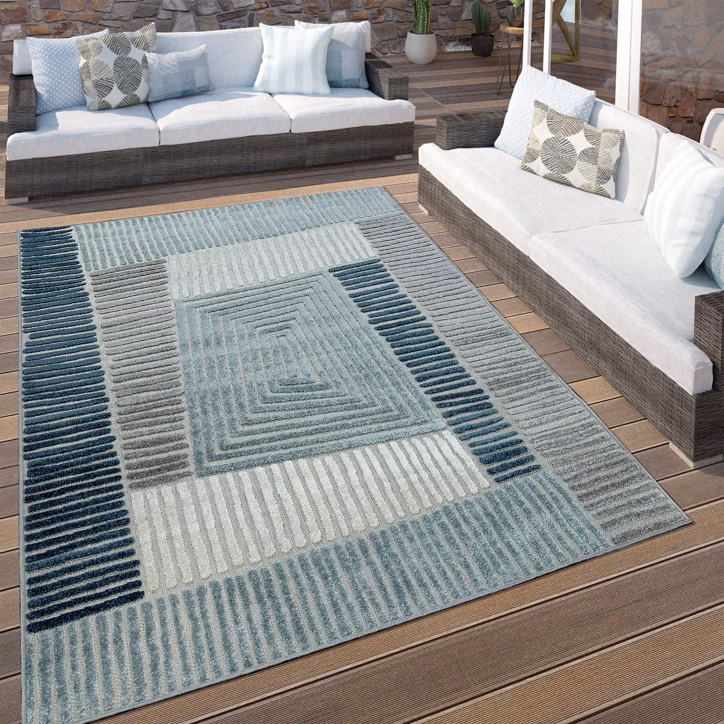 Tappeto Stylo per interni ed esterni con effetto alto-basso, design geometrico scandinavo, L 60 cm x P 100 cm, multicolore blu, beige, grigio e turchese – 3