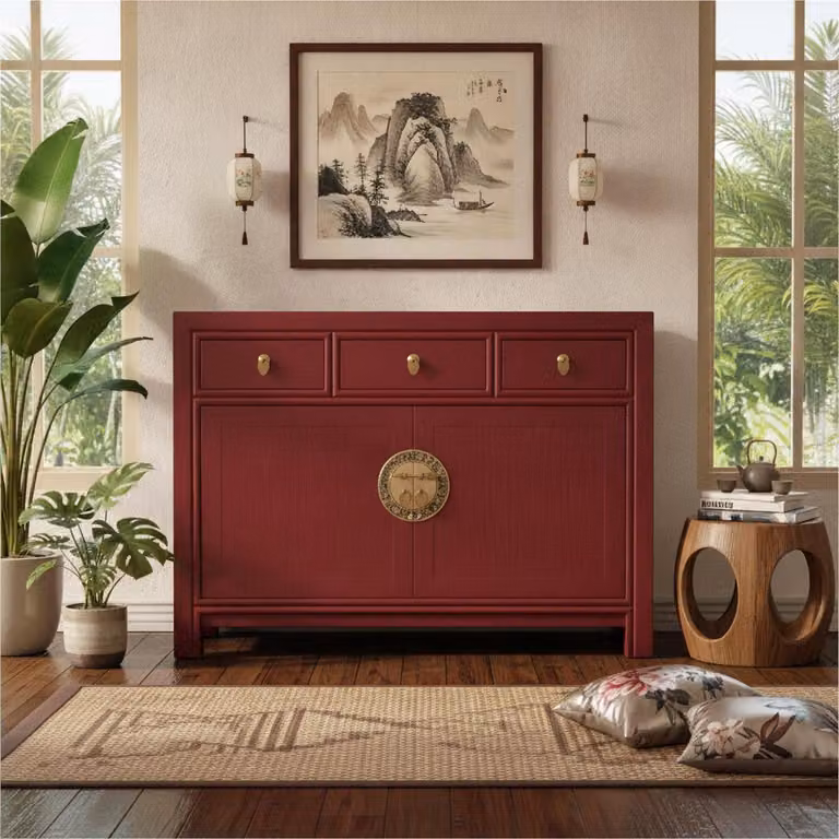 OPIUM OUTLET Cassettiera cinese Asia credenza orientale Mobile vintage asiatico credenza nuziale completamente assemblata rossa