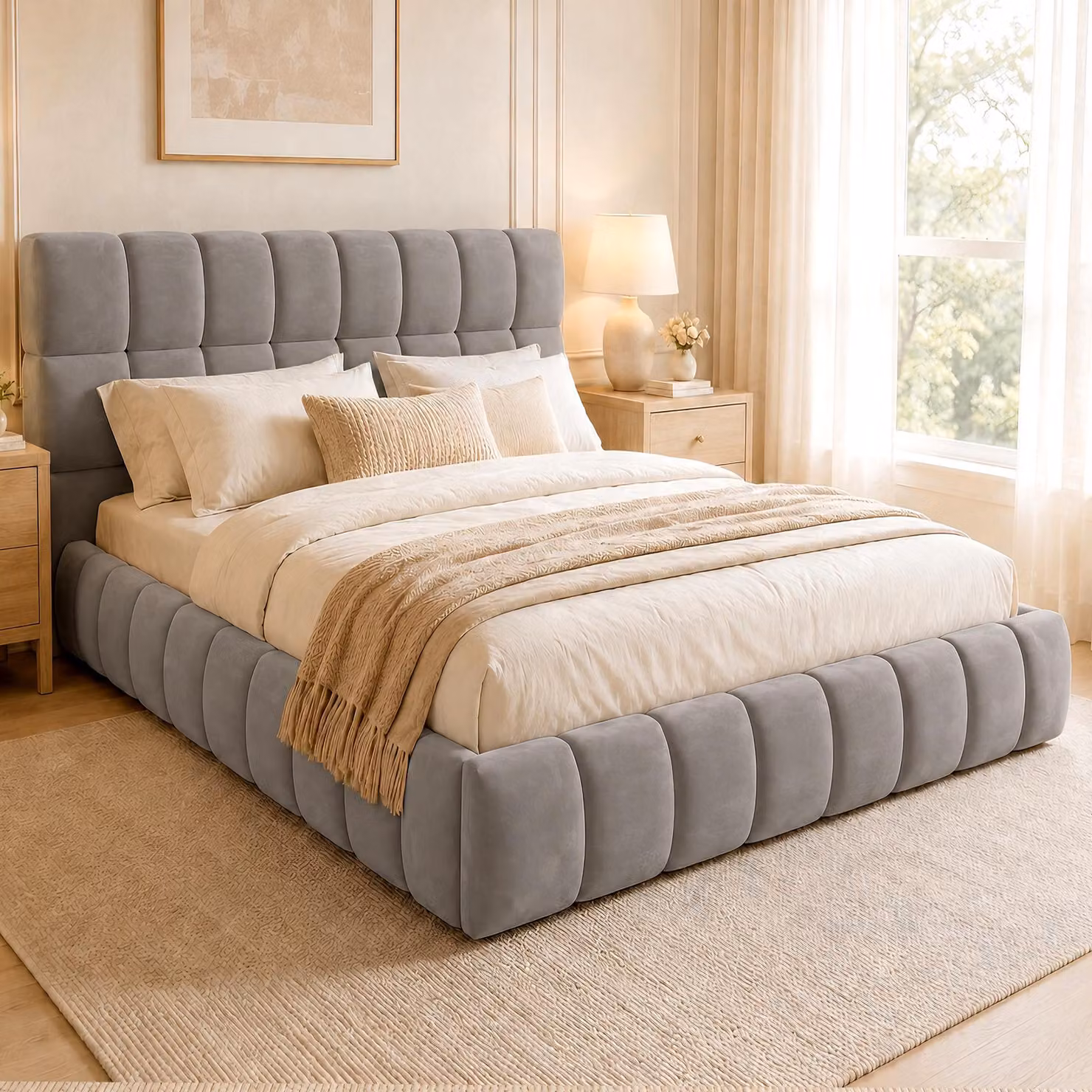 Letto imbottito Merax 140x200 cm con morbido schienale, letto matrimoniale per ragazzi in legno e truciolato, letto piatto rivestito in velluto con bordatura imbottita, grigio