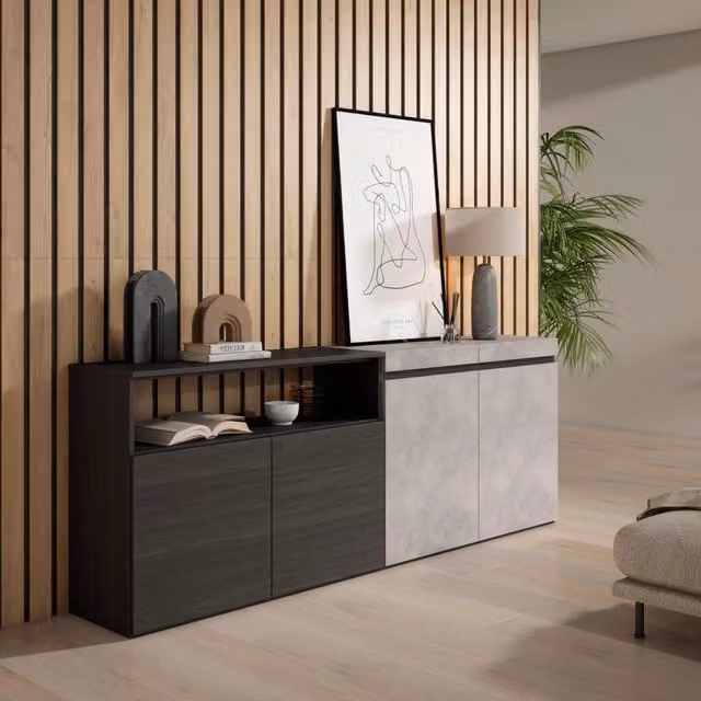 Credenza, Mobile, 200x35x75cm, 4 Porte, grande stoccaggio, grigio cemento RF2407