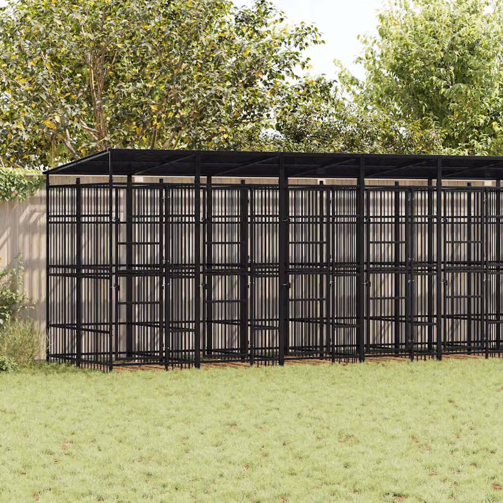 vidaXL Gabbia per Cani da Esterno con Tetto in Acciaio, Metallo Nero Opaco, 18,43 m²