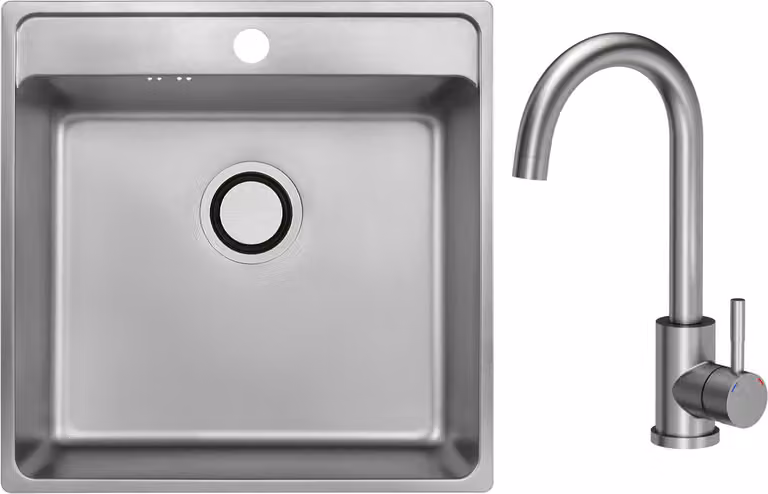 VBChome Lavello in acciaio inox con rubinetto 49 x 48 x 21 cm Inox Liscio Lavello da incasso in acciaio inox con foro per rubinetto Lavello da cucina Grande vasca Sifone Rubinetto Inox