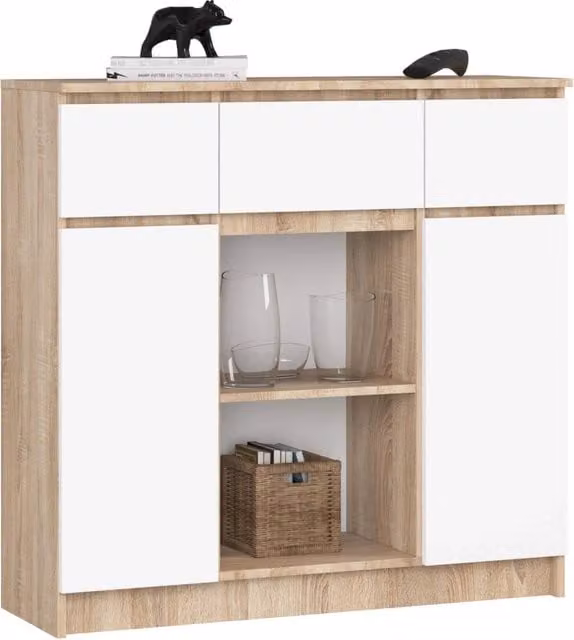 Cassettiera Akord Furniture AKORD K100 in Quercia Sonoma e Bianco con 2 ante e 3 cassetti, L: 101 cm, P: 35 cm, H: 98 cm
