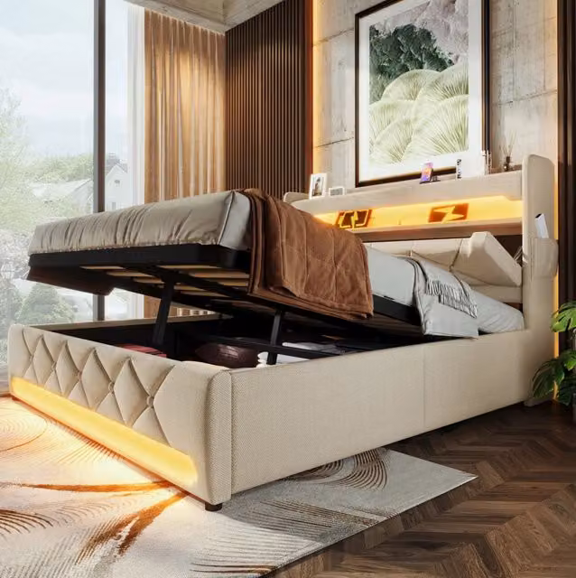 Letto 180x200 cm con contenitore; LED e testiera con USB in lino beige
