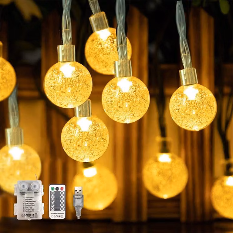 Catena luminosa con 60 LED, sfere di cristallo, 9 metri, alimentazione a batteria/USB, grado di protezione IP65, luce bianco caldo